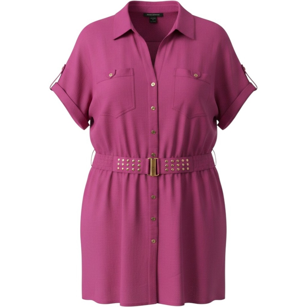 Ashley Stewart Womens Magenta Pink Studded Belted Button Down Shirt Plus Size 26